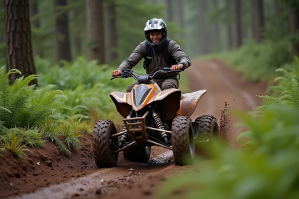 Jeune homme en moto quad dans la forêt boueuse