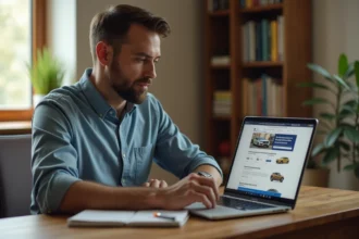 Homme consultant un site d'annonces de voitures d'occasion sur ordinateur portable depuis son bureau à domicile