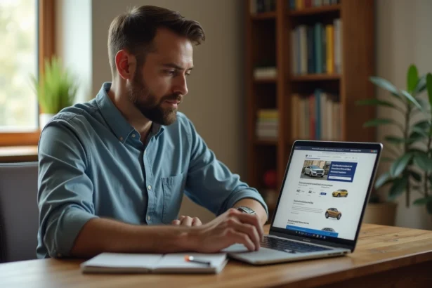 Homme consultant un site d'annonces de voitures d'occasion sur ordinateur portable depuis son bureau à domicile