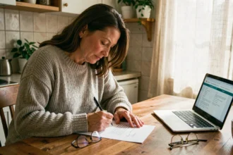 Femme rédigeant une lettre d'attestation d'hébergement à la main dans une cuisine domestique