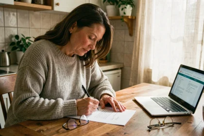 Femme rédigeant une lettre d'attestation d'hébergement à la main dans une cuisine domestique