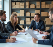 Groupe de professionnels discutant autour d'une table moderne dans un bureau lumineux