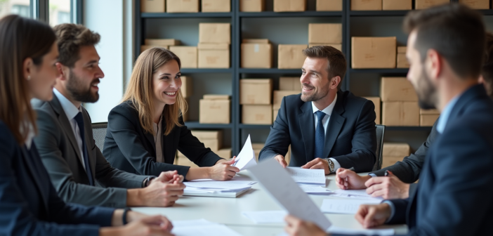 Groupe de professionnels discutant autour d'une table moderne dans un bureau lumineux