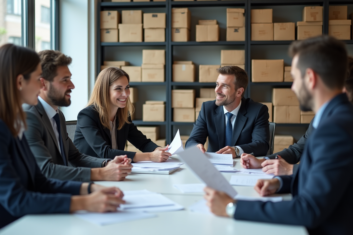 Groupe de professionnels discutant autour d'une table moderne dans un bureau lumineux