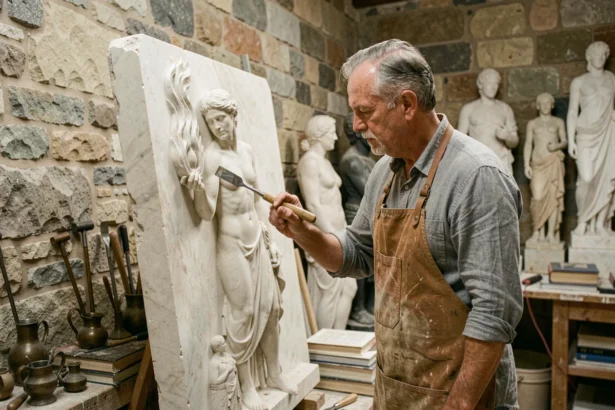 Sculpteur taillant un bas-relief de Prométhée portant le feu dans un atelier artisanal en pierre