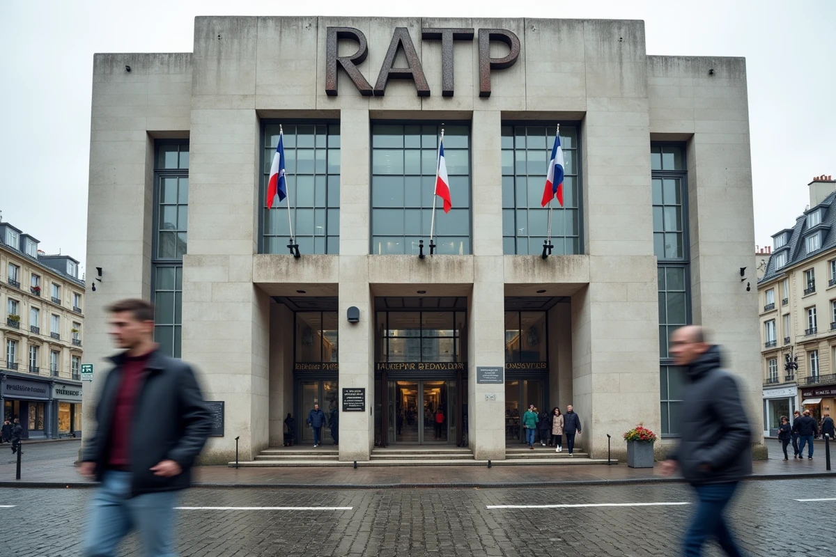 Facade du siège historique de la RATP à Paris en béton Brutaliste avec le sigle institutionnel en métal au-dessus de l'entrée principale sous un ciel nuageux