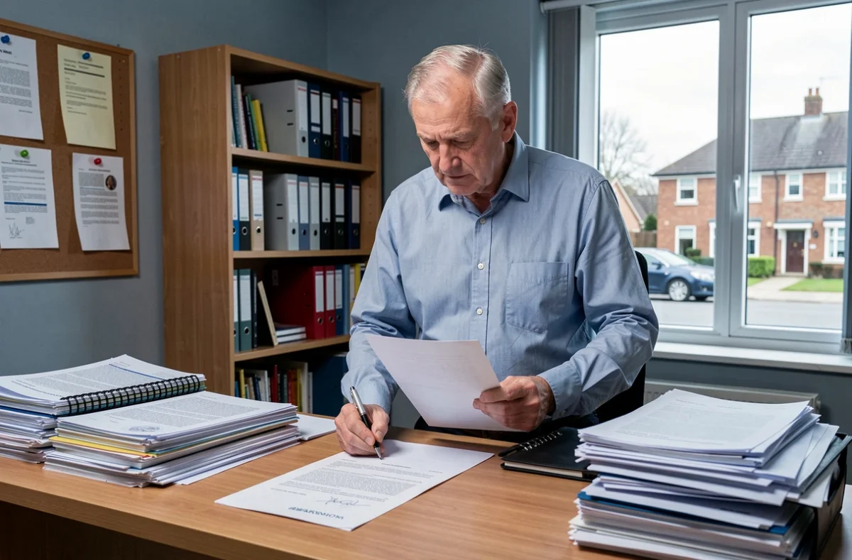 Homme vérifiant et signant une attestation d'hébergement dans un bureau à domicile