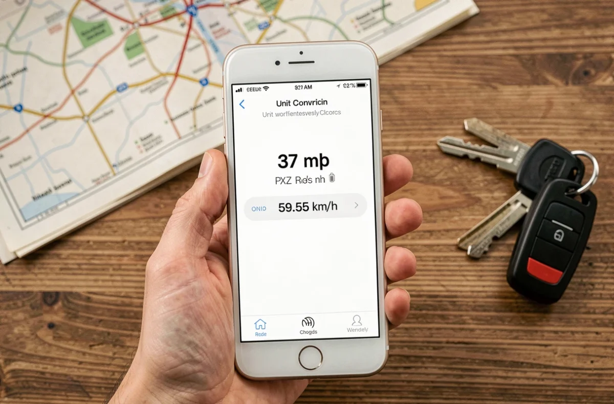Smartphone affichant la conversion de 37 mph en 59,55 km/h sur une application de conversion d'unités