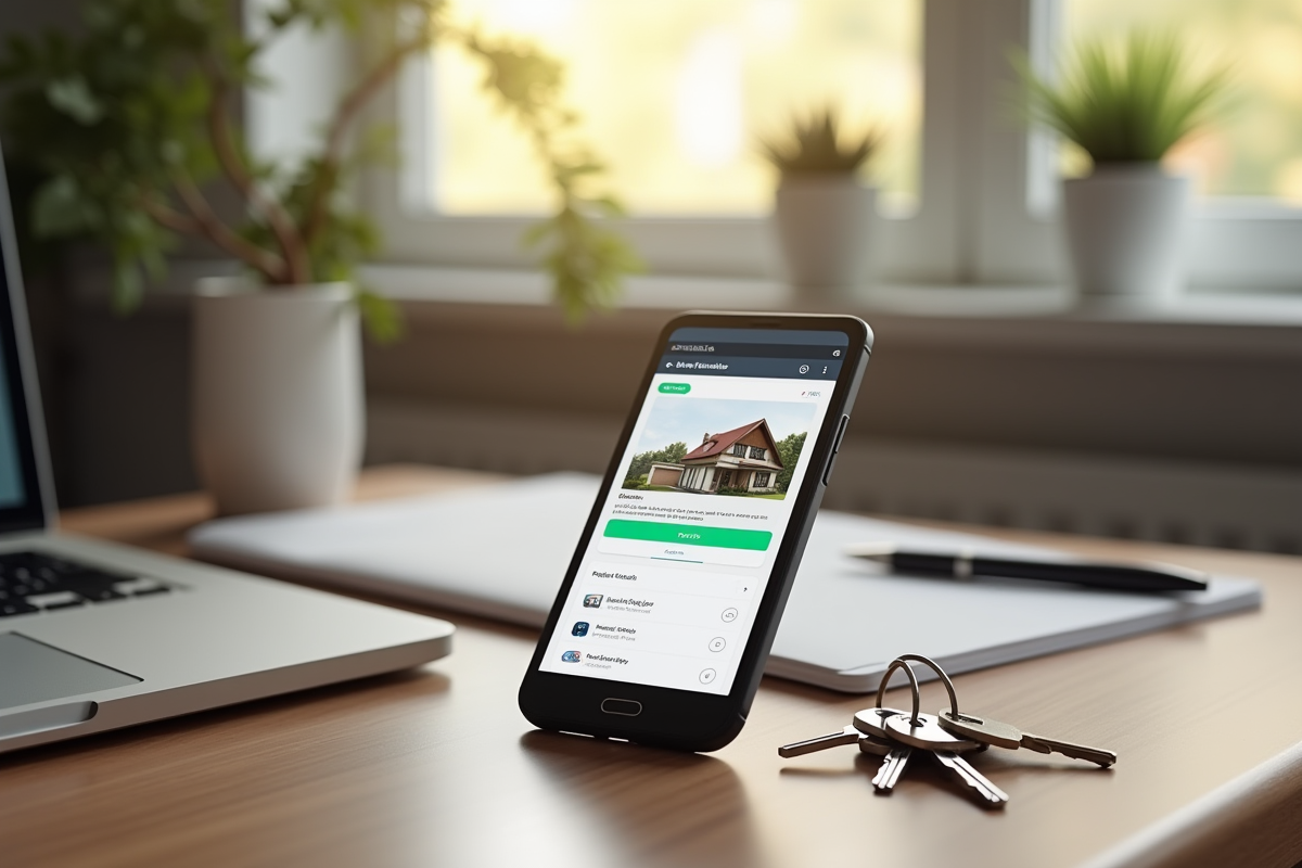 Smartphone affichant une estimation immobiliere sur un bureau