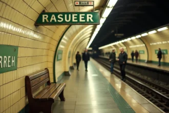 Quai d'une station de métro parisien vintage des années 1970 avec la signalétique historique de la RATP en typographie classique sur carrelage céramique crème