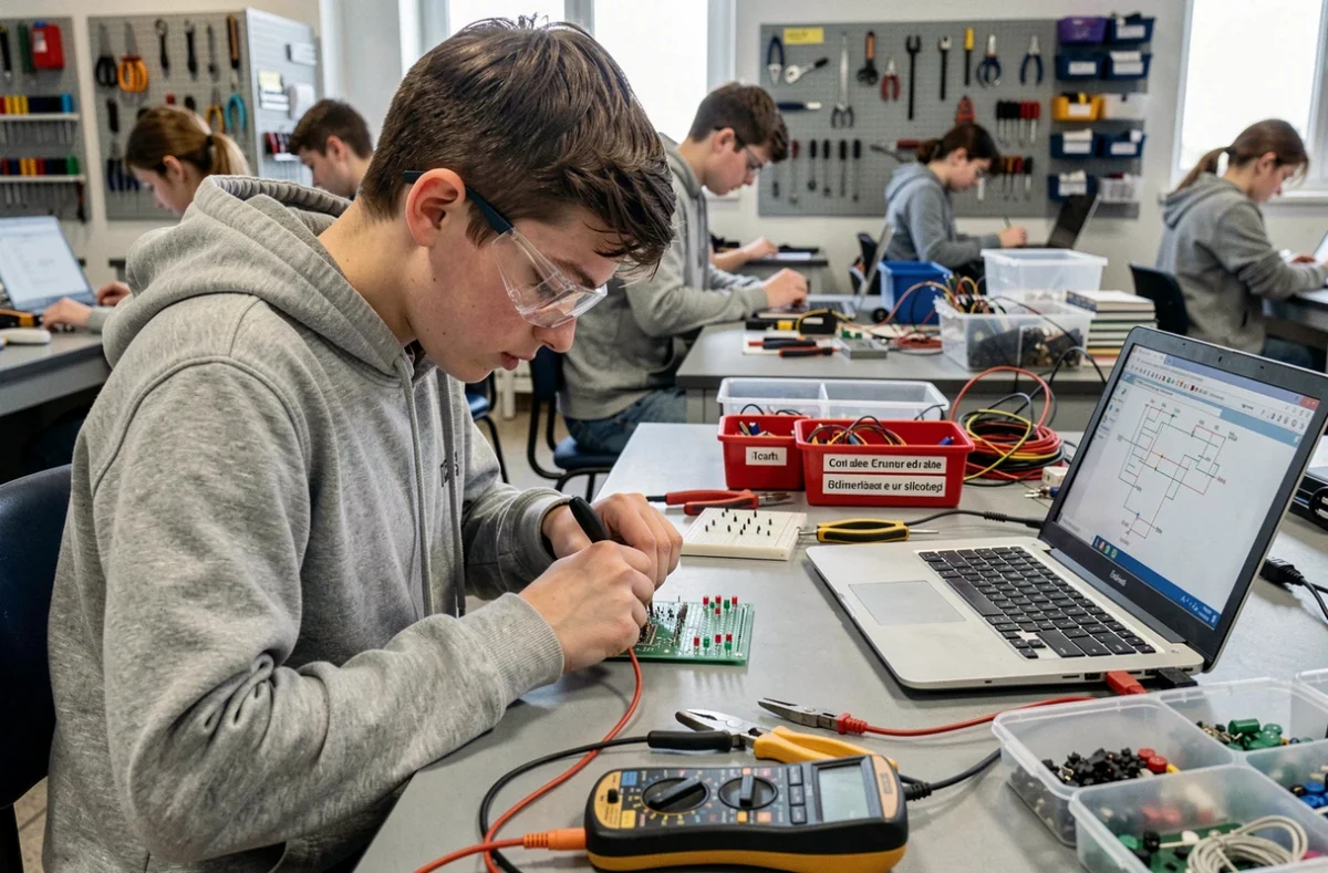 Élève utilisant des outils électroniques pédagogiques dont un multimètre et une planche breadboard dans un laboratoire de lycée Mon Club Elec