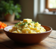 Table rustique avec purée de légumes et herbes fraîches