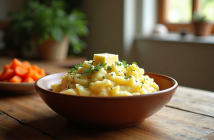 Table rustique avec purée de légumes et herbes fraîches