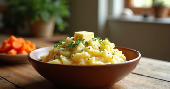 Table rustique avec purée de légumes et herbes fraîches
