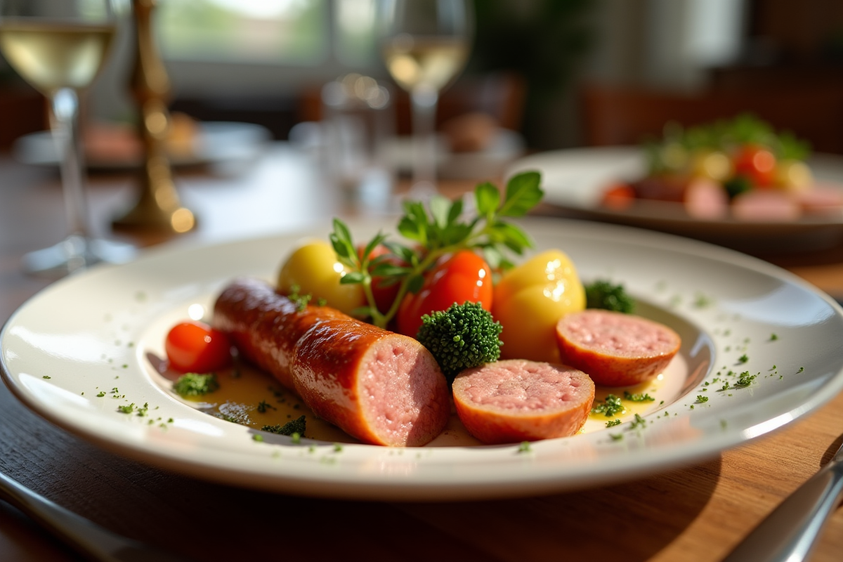 Table élégante avec boudin blanc et légumes colorés