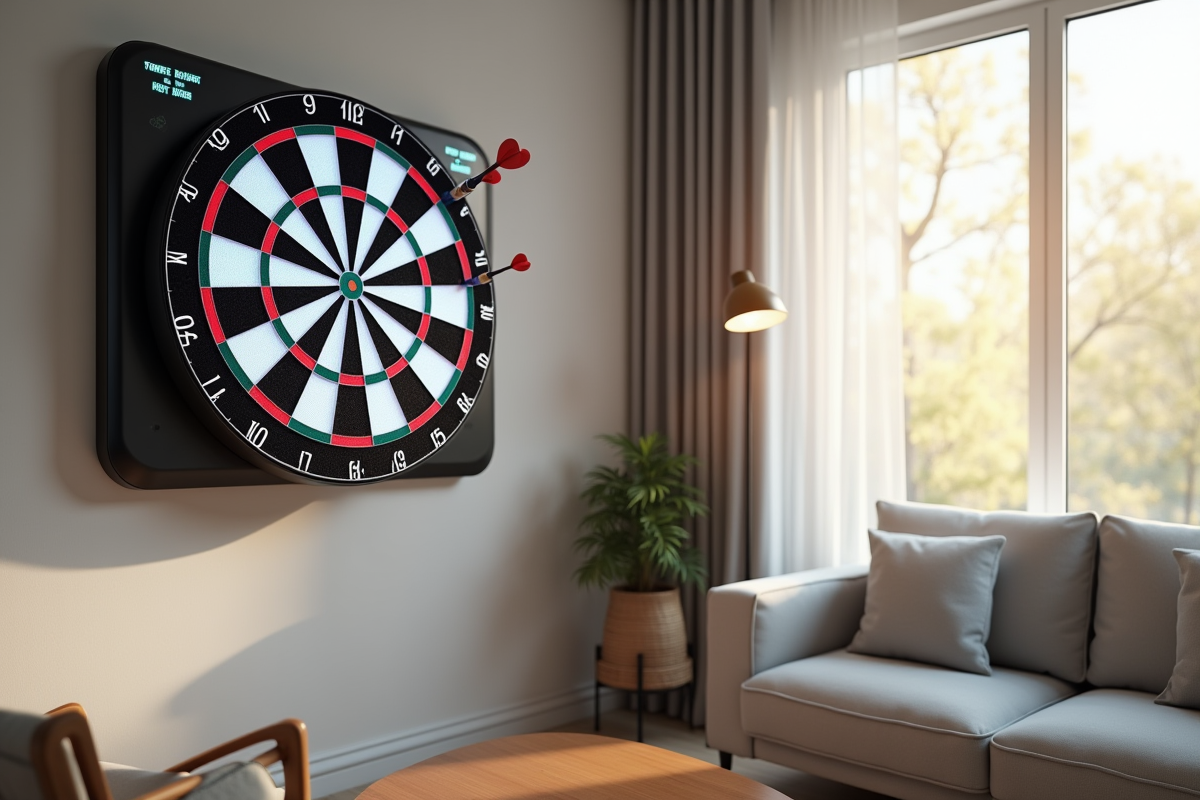 Tableau électronique de darts moderne dans une salle de jeu lumineuse