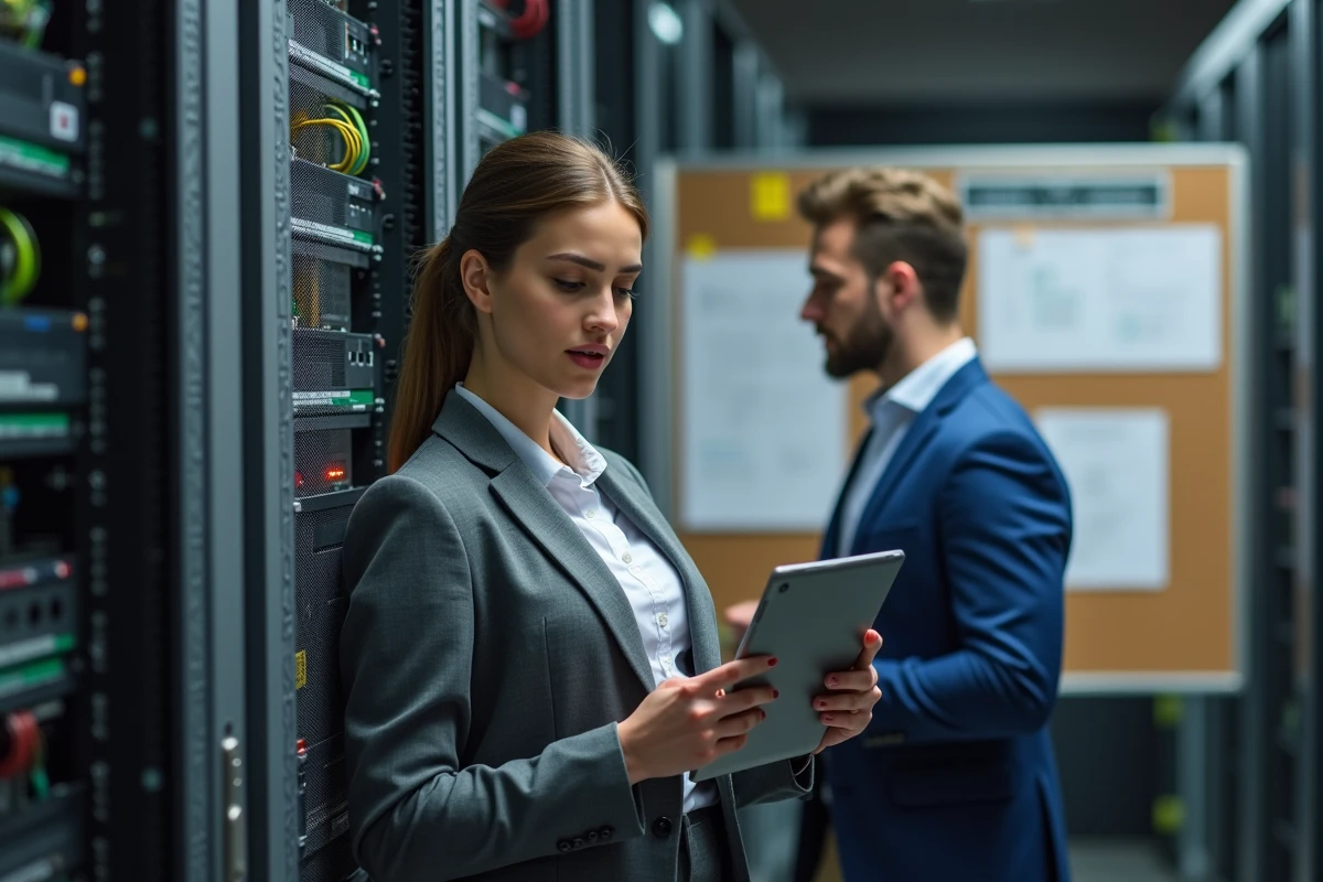 Jeune technicienne informatique discutant avec un collègue