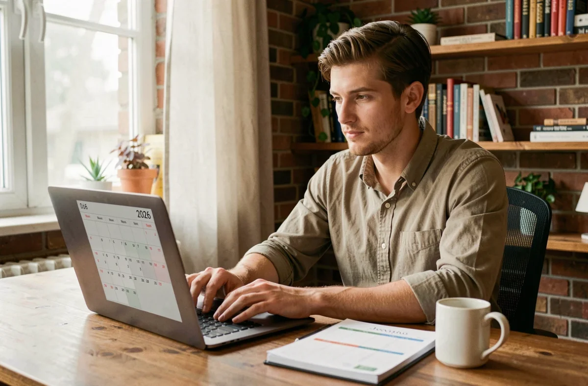 Jeune homme en télétravail consultant un calendrier numérique 2026 avec semaines paires et impaires sur ordinateur portable