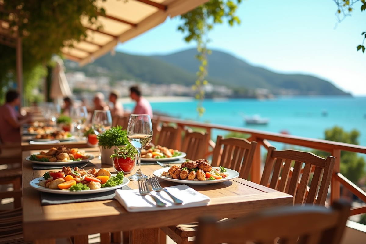 Terrasse de restaurant en bord de mer à Agay avec vue sur la baie