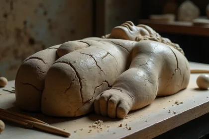 Artefact pierre sculpté représentant un titan primordial posé sur une table de conservation archéologique avec des outils d'analyse