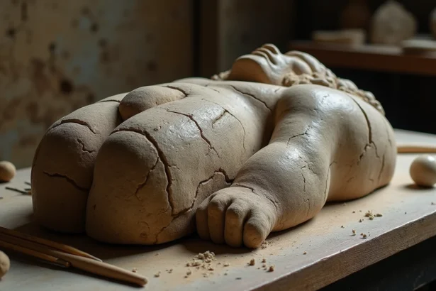 Artefact pierre sculpté représentant un titan primordial posé sur une table de conservation archéologique avec des outils d'analyse