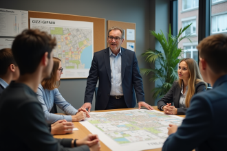 Urbaniste expliquant un plan de zonage à une équipe diverse