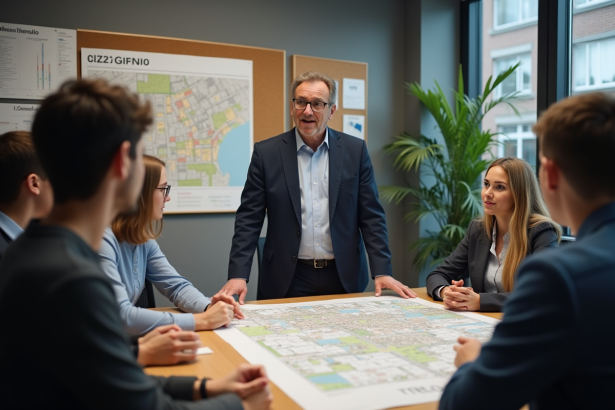 Urbaniste expliquant un plan de zonage à une équipe diverse