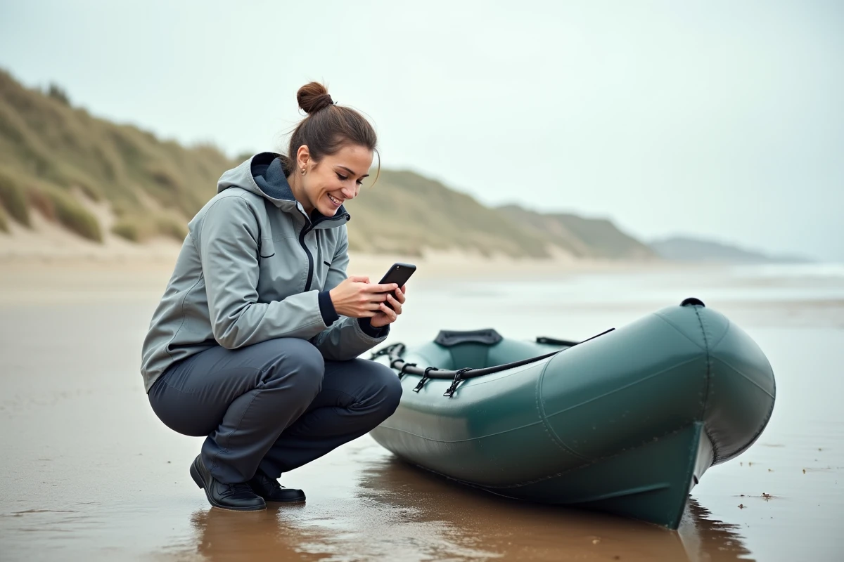 Femme vérifiant les horaires de marée sur smartphone avant de mettre son annexe à l'eau sur une plage vendéenne