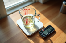 Verre mesure de cuisine rempli à 200 ml avec balance numérique