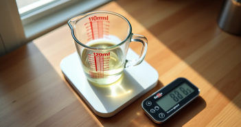 Verre mesure de cuisine rempli à 200 ml avec balance numérique