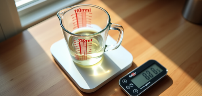 Verre mesure de cuisine rempli à 200 ml avec balance numérique