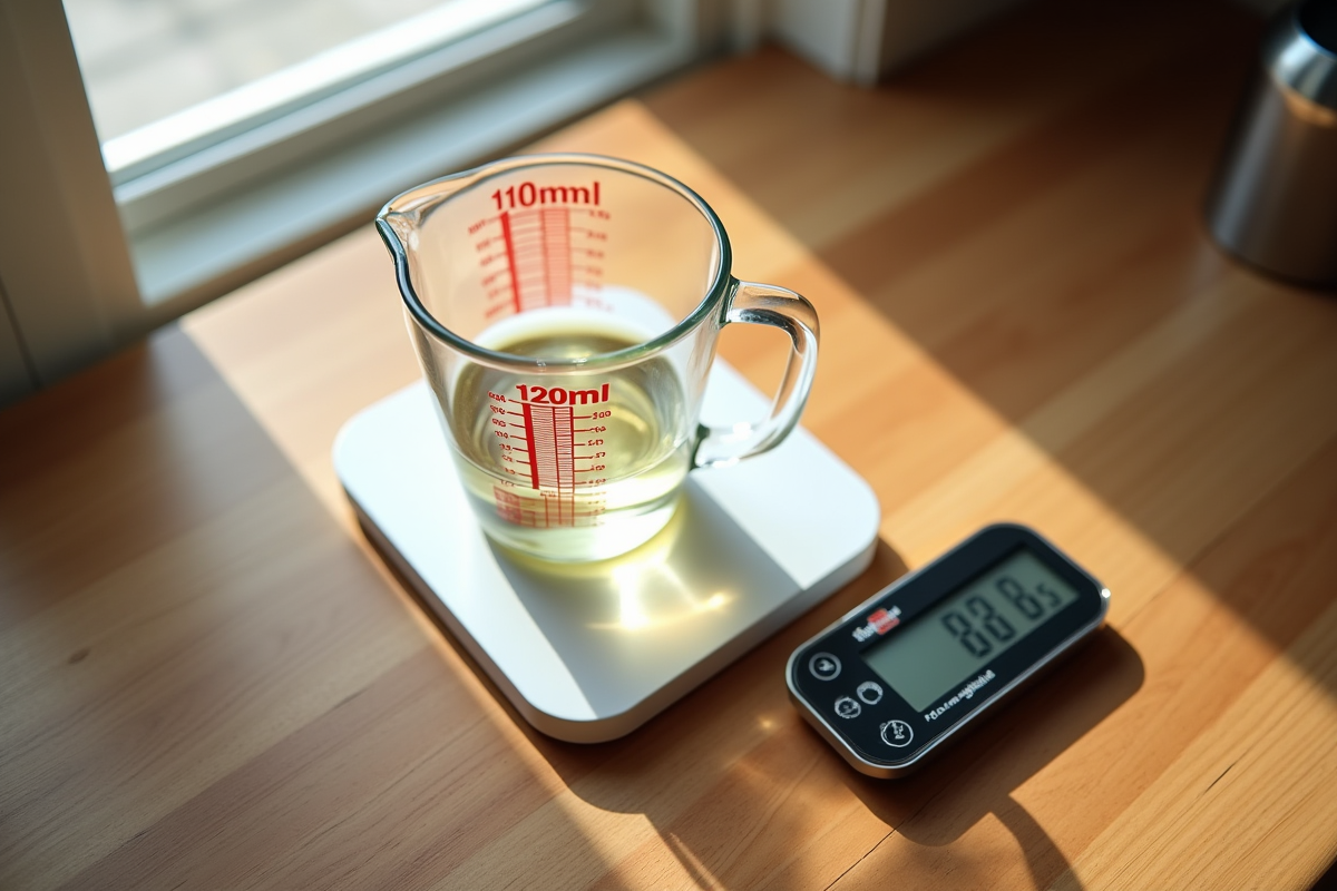Verre mesure de cuisine rempli à 200 ml avec balance numérique