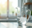 Verre mesureur rempli d'eau sur plan de cuisine lumineux