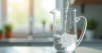 Verre mesureur rempli d'eau sur plan de cuisine lumineux