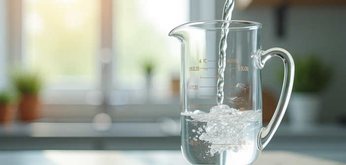 Verre mesureur rempli d'eau sur plan de cuisine lumineux