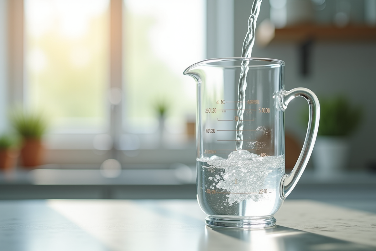 Verre mesureur rempli d'eau sur plan de cuisine lumineux