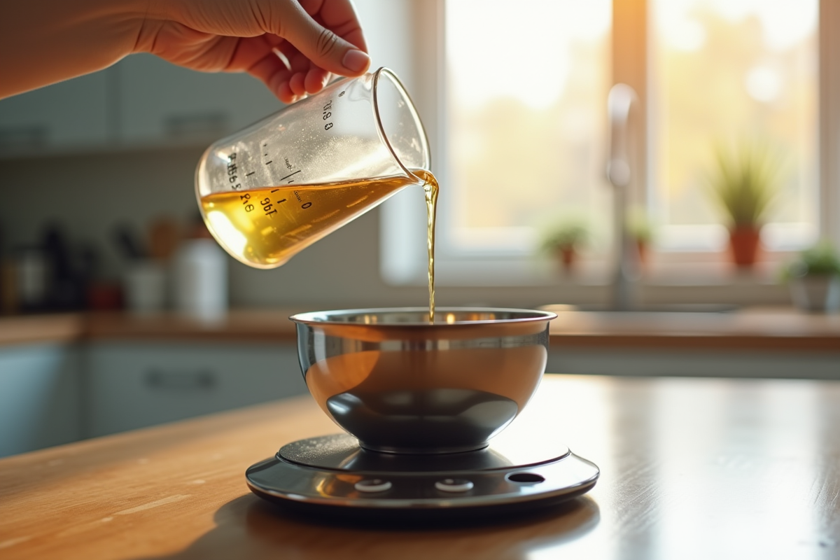 Cuillère versant un liquide dans un bol en acier inoxydable sur balance