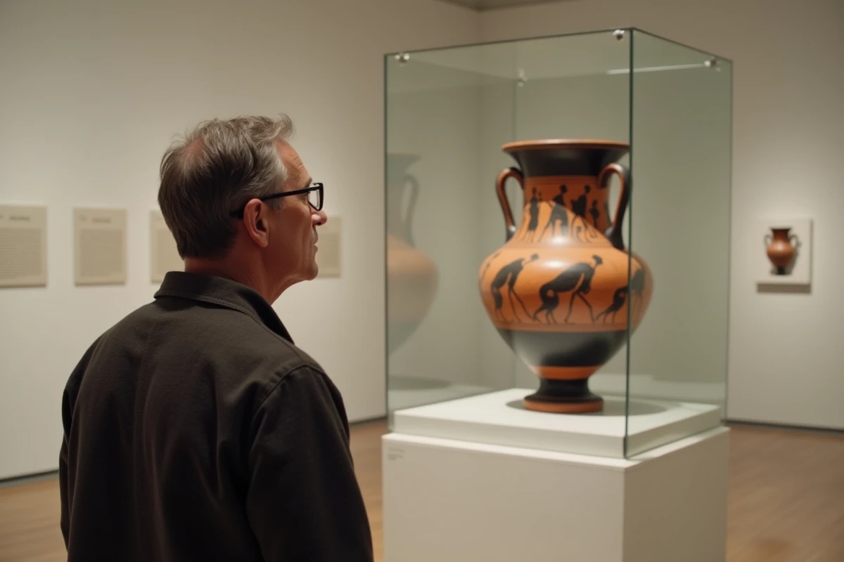 Visiteur de musée observant une amphore grecque antique illustrant le mythe de Thésée et du Minotaure dans un musée archéologique