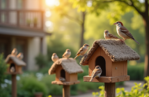 Foule de moineaux perchés dans un jardin urbain ensoleillé