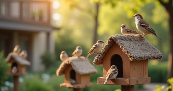 Foule de moineaux perchés dans un jardin urbain ensoleillé