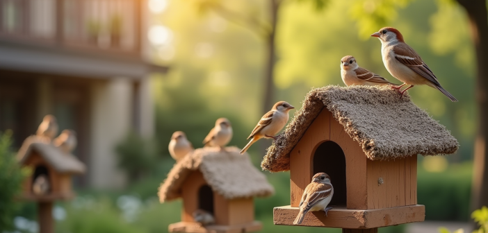 Foule de moineaux perchés dans un jardin urbain ensoleillé